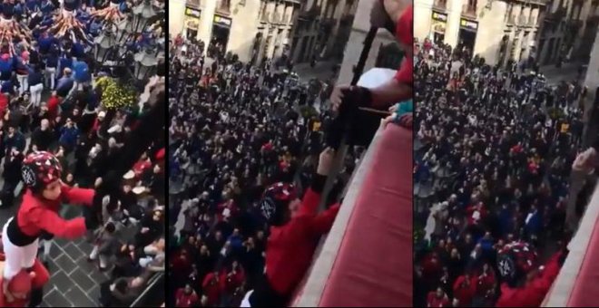 Cae al vacío la niña que coronaba un castillo humano en el balcón del ayuntamiento de Barcelona