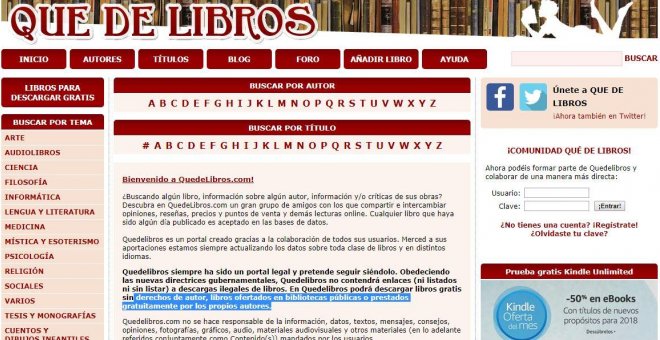 Un juez ordena el cierre cautelar de la web Quedelibros.com por ‘piratería’ a petición del Ministerio de Cultura