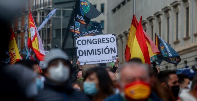 Negacionistas de ultraderecha apoyaron las protestas de grupos radicales de la Policía en defensa de la ley Mordaza