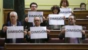 Los diputados de Izquierda Plural exhiben carteles pidiendo la dimisión de Fernández Díaz