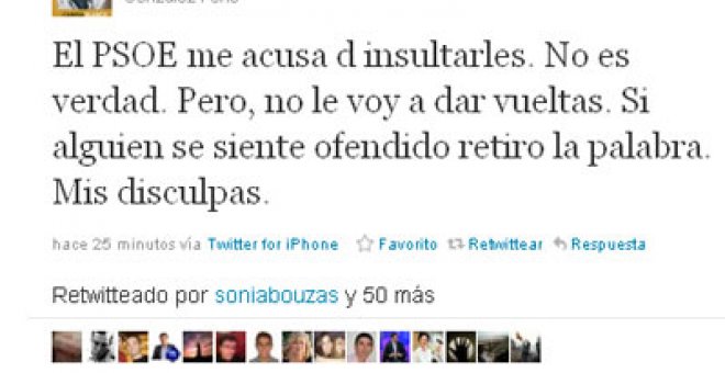 Pons pide disculpas de mala gana por Twitter