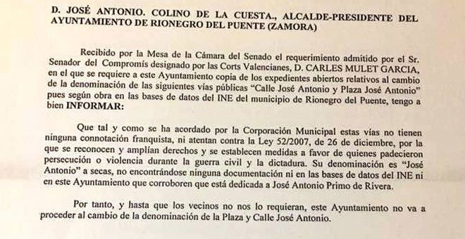 Un alcalde del PSOE rechaza cambiar la calle José Antonio y alega que no tiene nada que ver con Primo de Rivera​