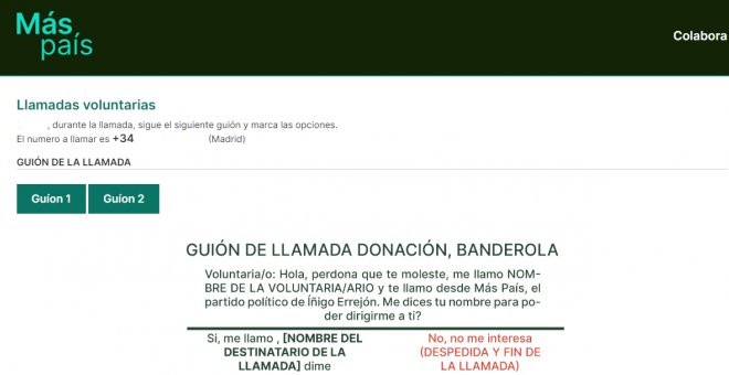 Más País prepara dos guiones para que su militancia pida donaciones y asistencia a encuentros a través de llamadas