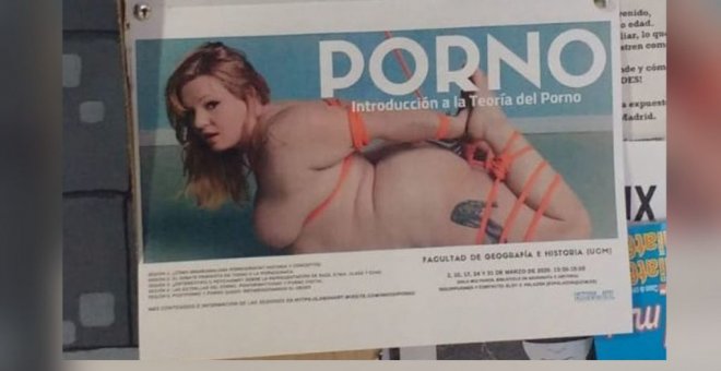 Polémica por la imagen de una mujer desnuda y maniatada de un curso sobre porno de la Universidad Complutense de Madrid