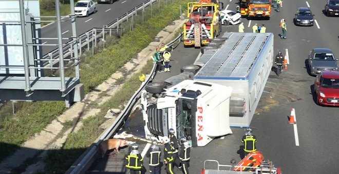 Un camión lleno de cerdos choca contra un guardarraíl de la A-6