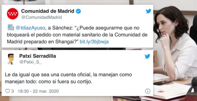 Críticas a Ayuso por usar el Twitter de la Comunidad para hacer política con el coronavirus: "Cree que sigue llevando la cuenta de Pecas"