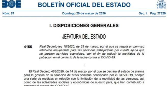 El decreto que ordena la "hibernación" de la economía ya en el BOE