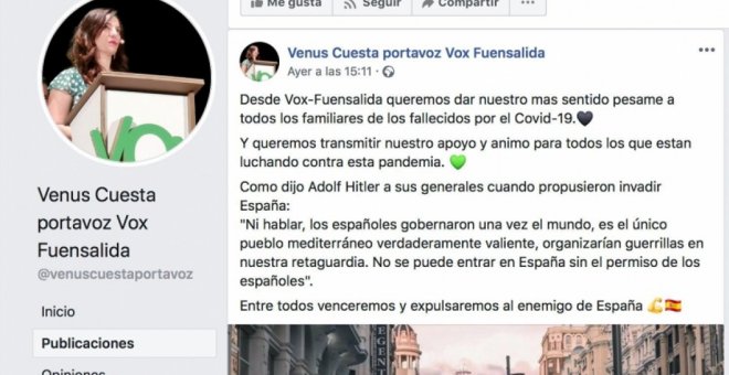 La portavoz de Vox en un pueblo de Toledo cita a Hitler como ejemplo a seguir frente al coronavirus