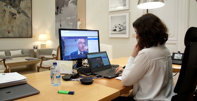 Ayuso durante la comparecencia en el Pleno telemático de la Asamblea de Madrid