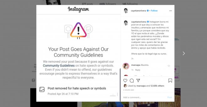 Cayetano Rivera, indignado al borrar Instagram su publicación