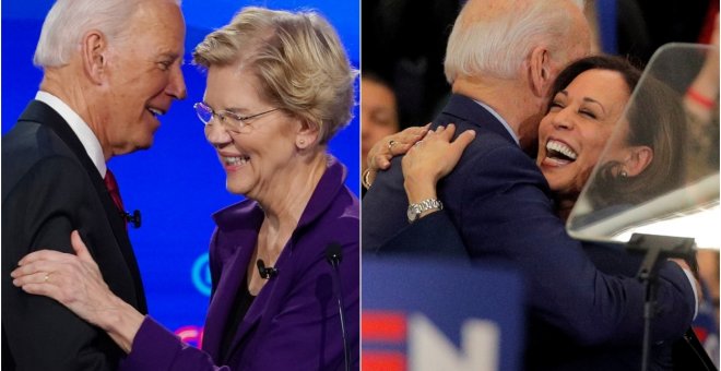 Las senadoras y excandidatas Elizabeth Warren y Kamala Harris encabezan los sondeos para ser la vicepresidenta de Biden
