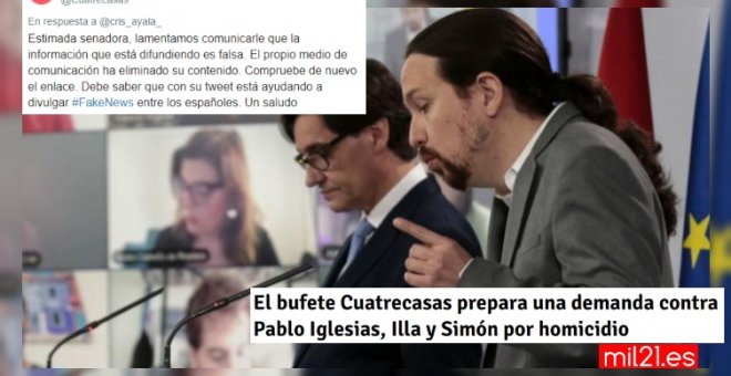 "Telita el nivel": una senadora del PP difunde un bulo sobre una "demanda por homicidio" contra Iglesias, Illa y Simón