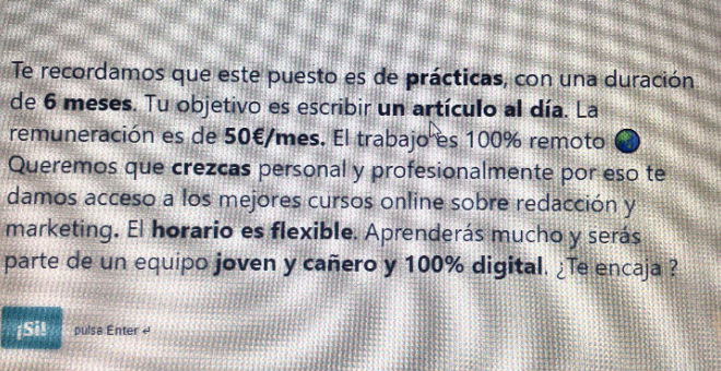 MierdaJobs - Cincuenta euros al mes por un contrato de prácticas: "Queremos que crezcas personal y profesionalmente"