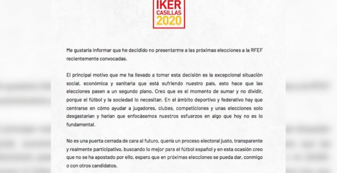 Iker Casillas renuncia a presentarse a las elecciones en la RFEF