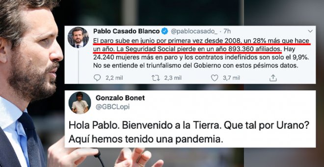 Casado compara el paro con el de 2019 y le recuerdan el 'detalle' de la pandemia gobal que estamos viviendo