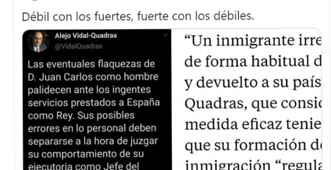 "Débil con los fuertes, fuerte con los débiles": el aplaudido tuit de Quique Peinado contra un fundador de Vox y ex del PP por defender al rey emérito