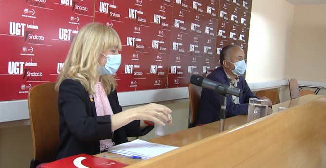 Pepe Álvarez y Carmen Castilla (UGT) en rueda de prensa en Sevilla