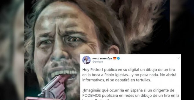 Indignación tuitera por una ilustración en 'El Español' de Pablo Iglesias con un tiro en la boca