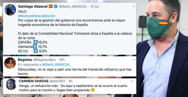 "Ser más vago que Abascal": el líder de Vox hace un hilo de 'motivos para la moción' con tres tuits en cuatro días