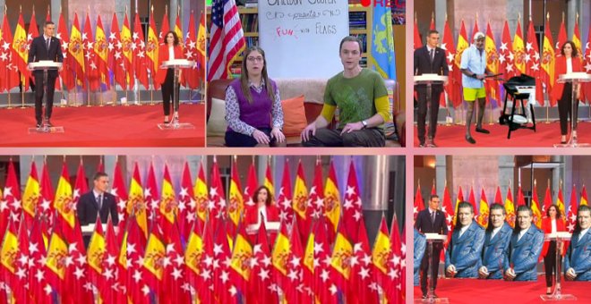 "Menos banderas y más enfermeras": comentarios (y memes) ante las 24 banderas de la rueda de prensa de Sánchez y Ayuso