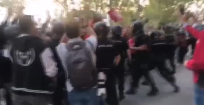 Enfrentamiento entre policía y un grupo de manifestantes en una protesta contra los confinamientos en Madrid