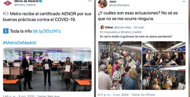 Metro de Madrid presume de un certificado por sus "buenas prácticas" contra la covid y le llueven las críticas: "Se ríen de todo y de todos"