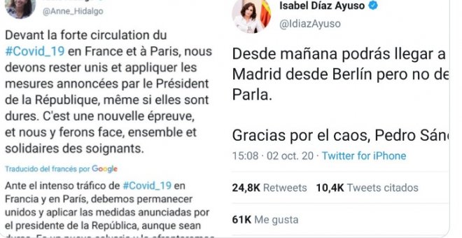 "¡Ayuso aprende! No le llegas a la alcaldesa de París ni a la altura del tacón": Twitter pone a la presidenta de Madrid en su sitio