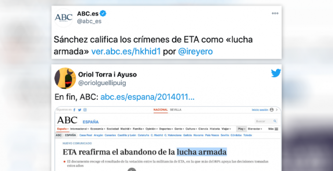 'ABC' acusa a Sánchez de llamar "lucha armada" a los crímenes de ETA y los tuiteros responden: "Mira, como vosotros"