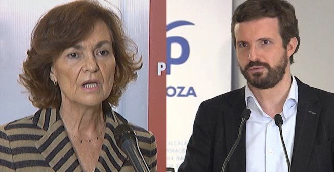 Calvo critica la "irresponsabilidad" del PP y Casado afea el pacto con Bildu