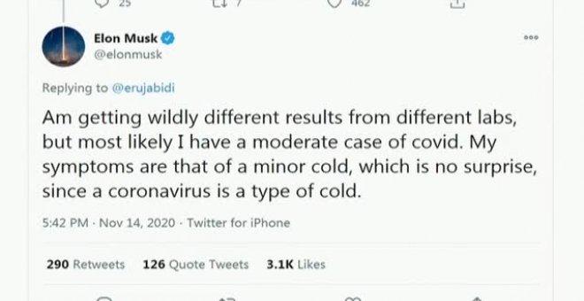 Elon Musk asume en redes sociales que tiene "un caso moderado" de coronavirus