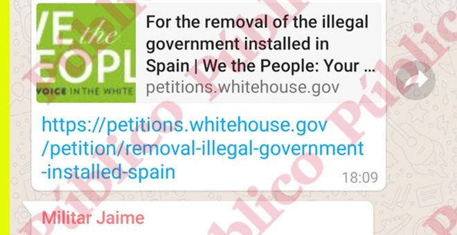 Un chat de militares comparte la petición a Trump para que el Ejército de EEUU derroque el "Gobierno ilegal" de España