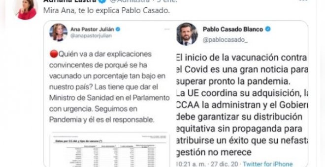 El enorme zasca de Adriana Lastra a Ana Pastor usando palabras textuales de Pablo Casado