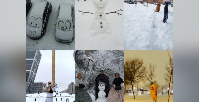 Las mejores escenas que ha dejado la nieve en Madrid: desde trineos de perros hasta "dinosaurios"