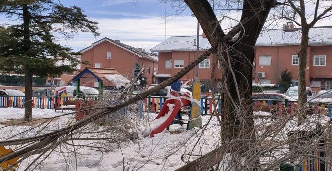 Zona infantil en Valdemoro con varias ramas caídas en el interior