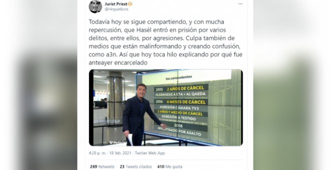 El hilo que aclara el verdadero motivo por el que Hasél ha entrado en prisión