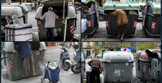 "Debates sobre contenedores, pero todo el año": las fotos de gente buscando comida que retratan el debate del mobiliario urbano durante las protestas por Hasél