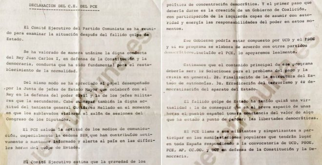 Sale a la luz un documento inédito del PCE tras el 23-F