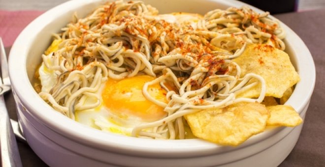 Pato confinado - Receta de huevos rotos con gulas