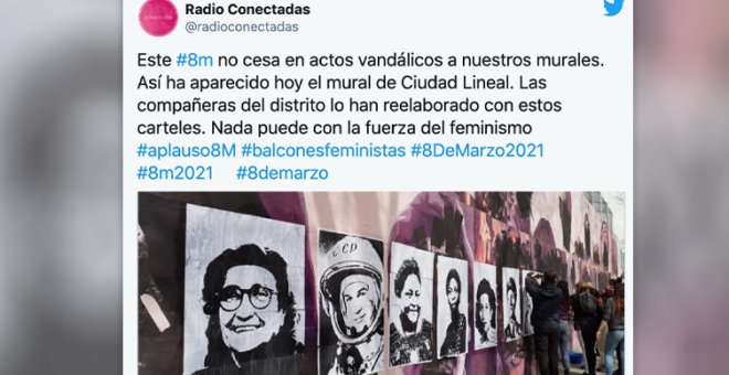 Aplausos por la reconstrucción improvisada del mural feminista de Ciudad Lineal: "La lucha no para"