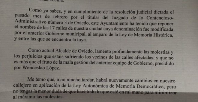 La carta de Canteli "olvida" que el PP denunció los cambios en el callejero ovetense