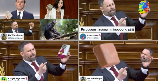 Abascal emula a Rivera y Ayuso enseñando un adoquín y los tuiteros le dedican sus memes