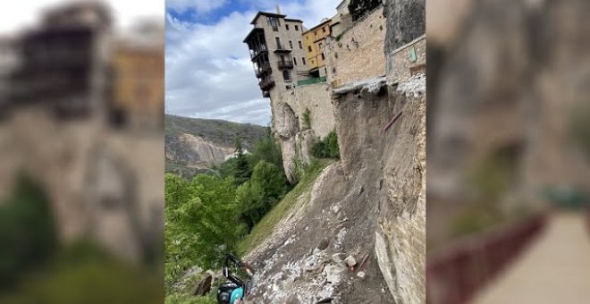 Derrumbe en pleno casco histórico de Cuenca: el principal acceso peatonal a las Casas Colgadas se desploma