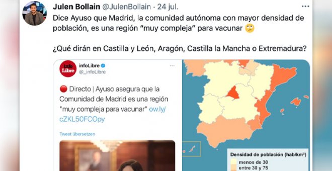 Ayuso dice que Madrid es "muy compleja para vacunar" y los tuiteros responden con ironía: "Madrid es la Amazonia"