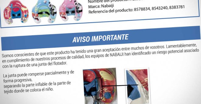 Decathlon alerta del riesgo de rotura de un flotador infantil