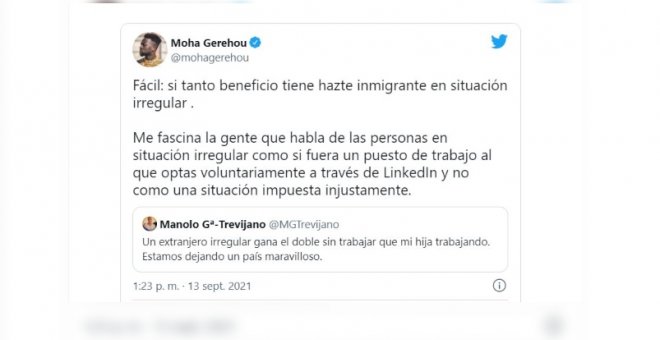 "Zasca nivel experto": el tuit de Moha Gerehou a un tuitero que se queja de supuestas ayudas a los migrantes sin papeles