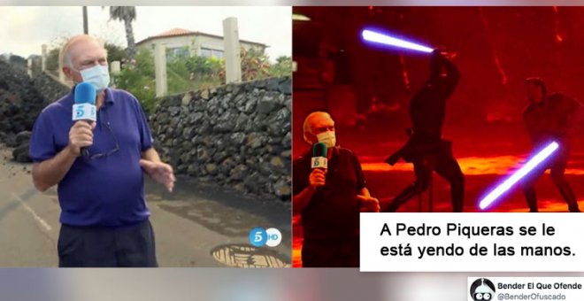 Pedro Piqueras, apocalyptic edition: los tuiteros alucinan con el presentador, ante el río de lava en La Palma