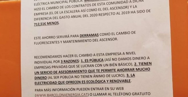 La carta en una comunidad de vecinos de Barcelona sobre el precio de la luz que se ha vuelto viral