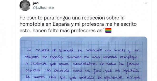 La aplaudida respuesta de una profesora a la redacción de un alumno sobre la homofobia: "Tienes el derecho a amar libremente"