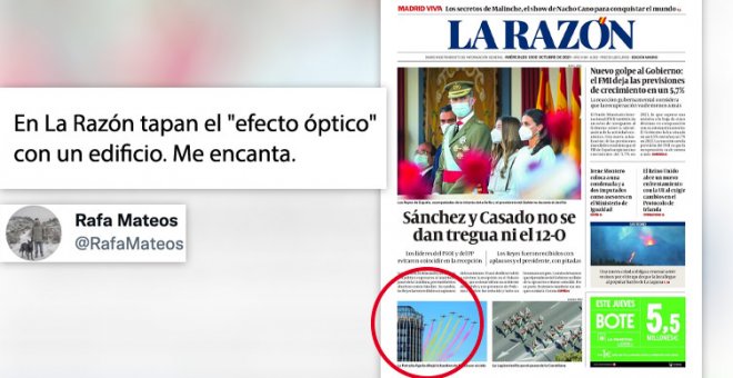 "Al efecto óptico le ha salido un edificio": la foto de la portada de 'La Razón' tapando la franja morada en la bandera de la Patrulla Águila