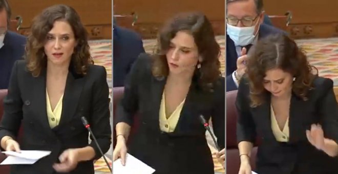 Ayuso, hablando en la Asamblea de la cifra de fallecidos en la pandemia: "De verdad... Hasta luego. Da igual... paso"